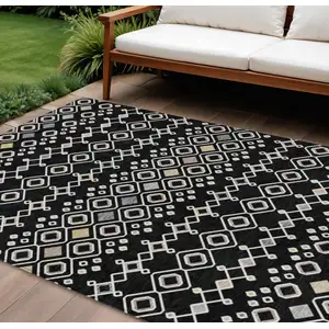 Photo of Black Ivory And Blue Geometric Washable Indoor Outdoor Area Rug