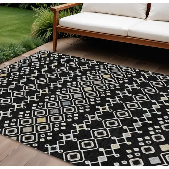 Black Ivory And Blue Geometric Washable Indoor Outdoor Area Rug Photo 1
