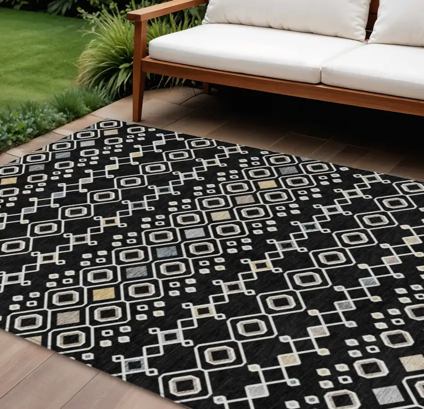 Black Ivory And Blue Geometric Washable Indoor Outdoor Area Rug Photo 1