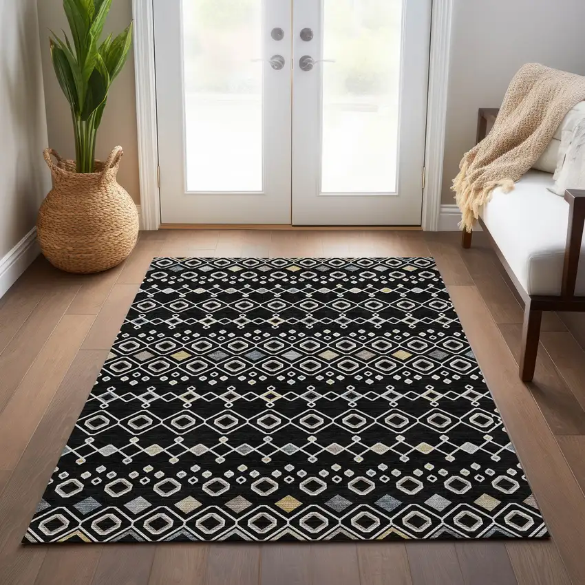 Black Ivory And Blue Geometric Washable Indoor Outdoor Area Rug Photo 9
