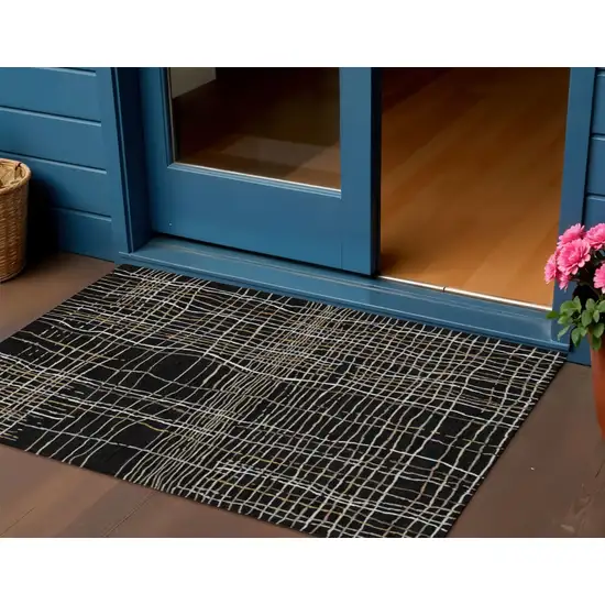 Black Ivory And Brown Striped Washable Indoor Outdoor Area Rug Photo 1