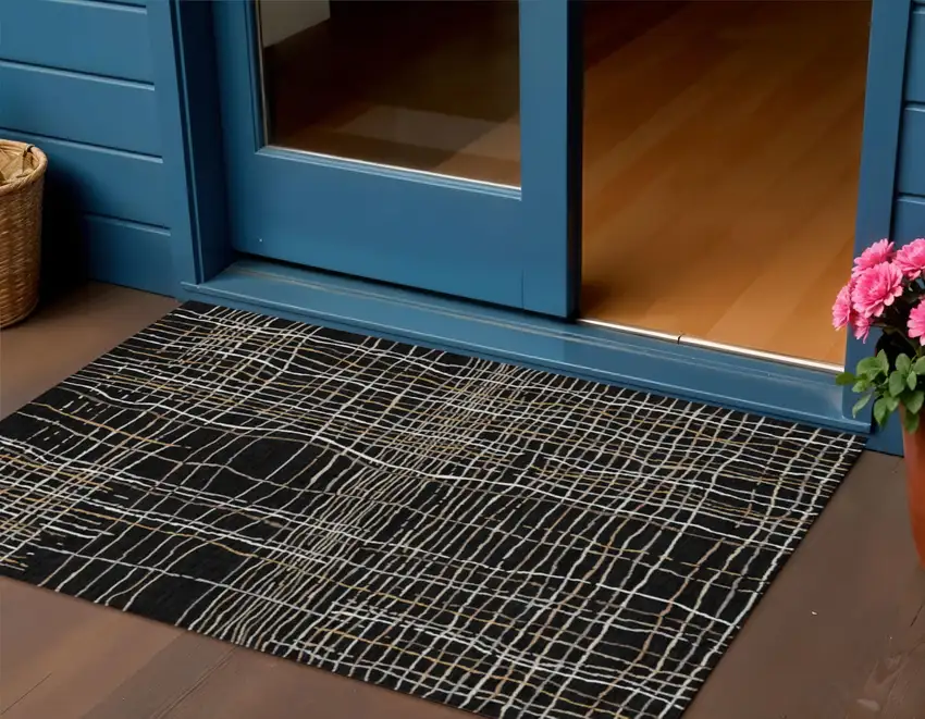 Black Ivory And Brown Striped Washable Indoor Outdoor Area Rug Photo 1