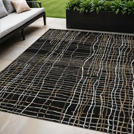Black Ivory And Brown Striped Washable Indoor Outdoor Area Rug Photo 1
