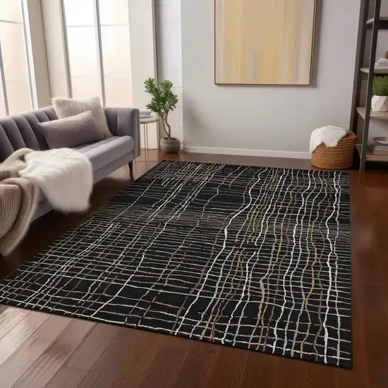 Black Ivory And Brown Striped Washable Indoor Outdoor Area Rug Photo 9