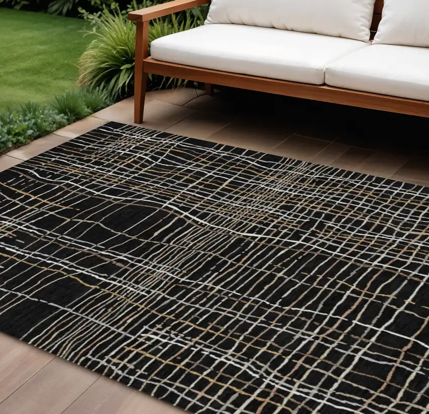 Black Ivory And Brown Striped Washable Indoor Outdoor Area Rug Photo 1