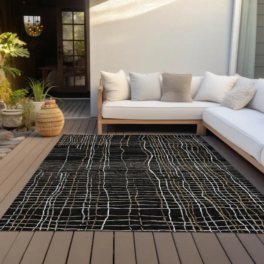 Black Ivory And Brown Striped Washable Indoor Outdoor Area Rug Photo 8