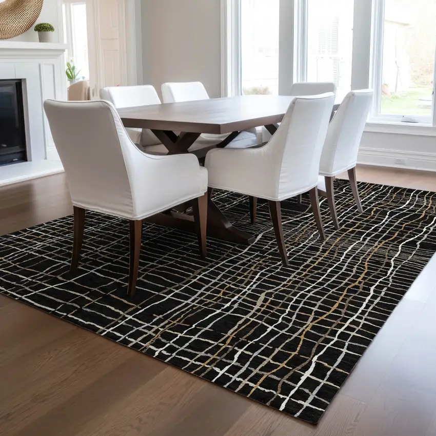 Black Ivory And Brown Striped Washable Indoor Outdoor Area Rug Photo 9