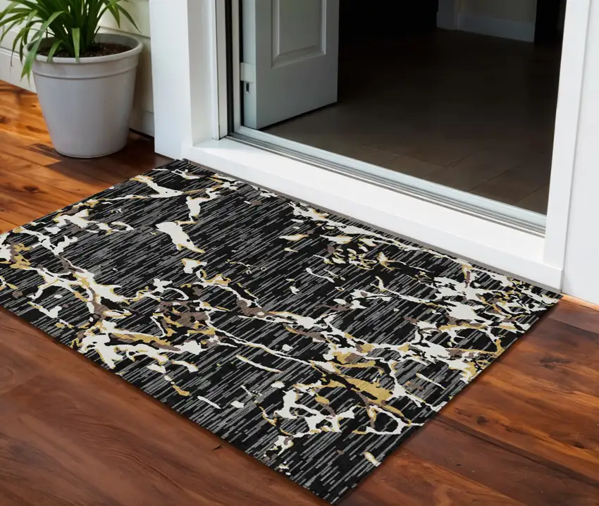 Black Ivory And Brown Striped Washable Indoor Outdoor Area Rug Photo 1