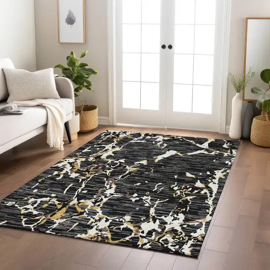 Black Ivory And Brown Striped Washable Indoor Outdoor Area Rug Photo 9