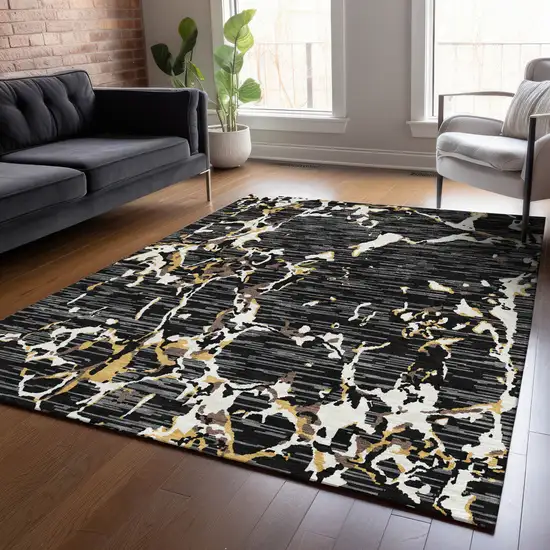 Black Ivory And Brown Striped Washable Indoor Outdoor Area Rug Photo 8