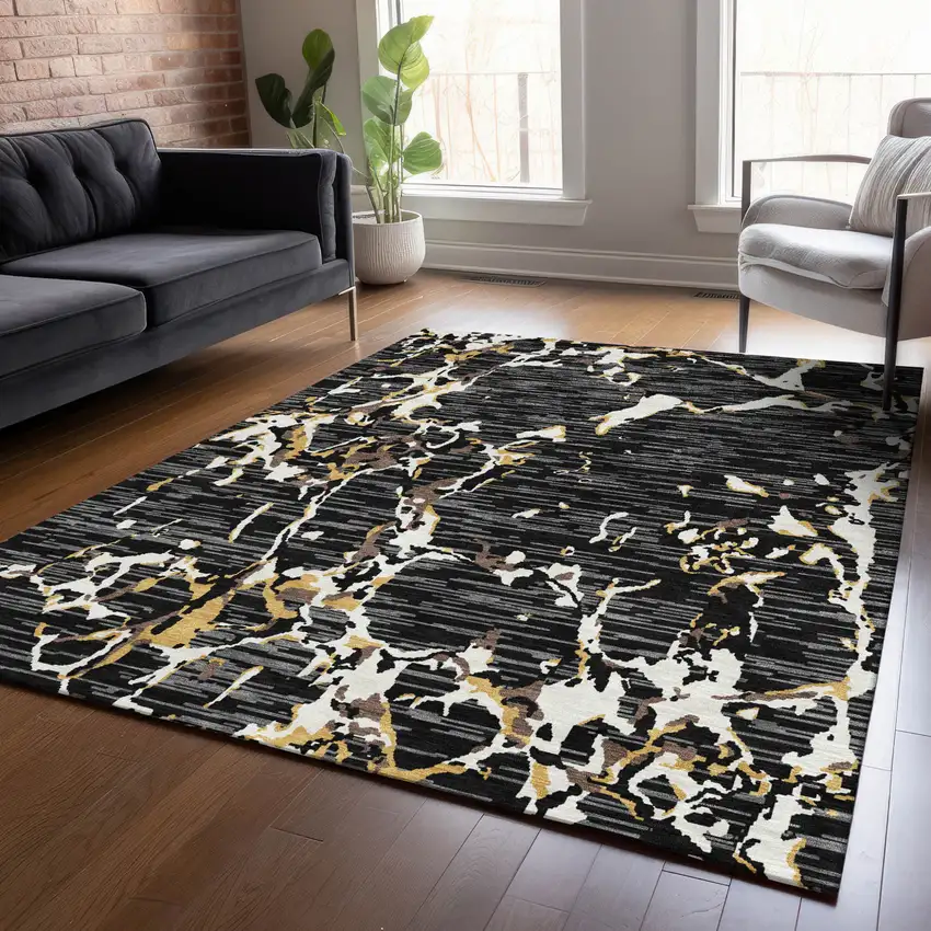 Black Ivory And Brown Striped Washable Indoor Outdoor Area Rug Photo 8