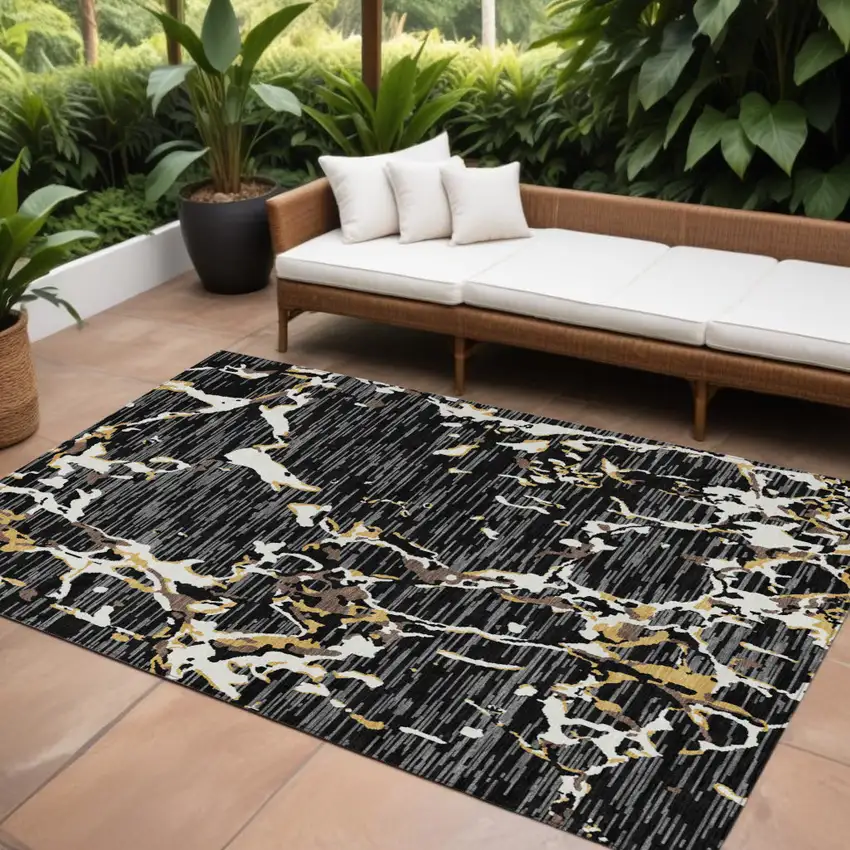 Black Ivory And Brown Striped Washable Indoor Outdoor Area Rug Photo 1