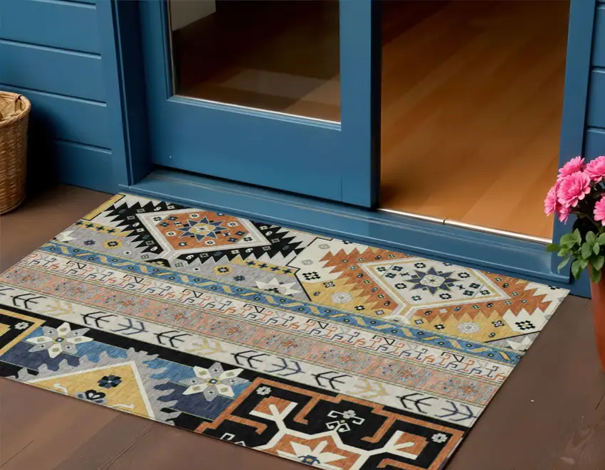Black Ivory And Copper Aztec Washable Indoor Outdoor Area Rug Photo 1