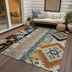 Photo of Black Ivory And Copper Aztec Washable Indoor Outdoor Area Rug