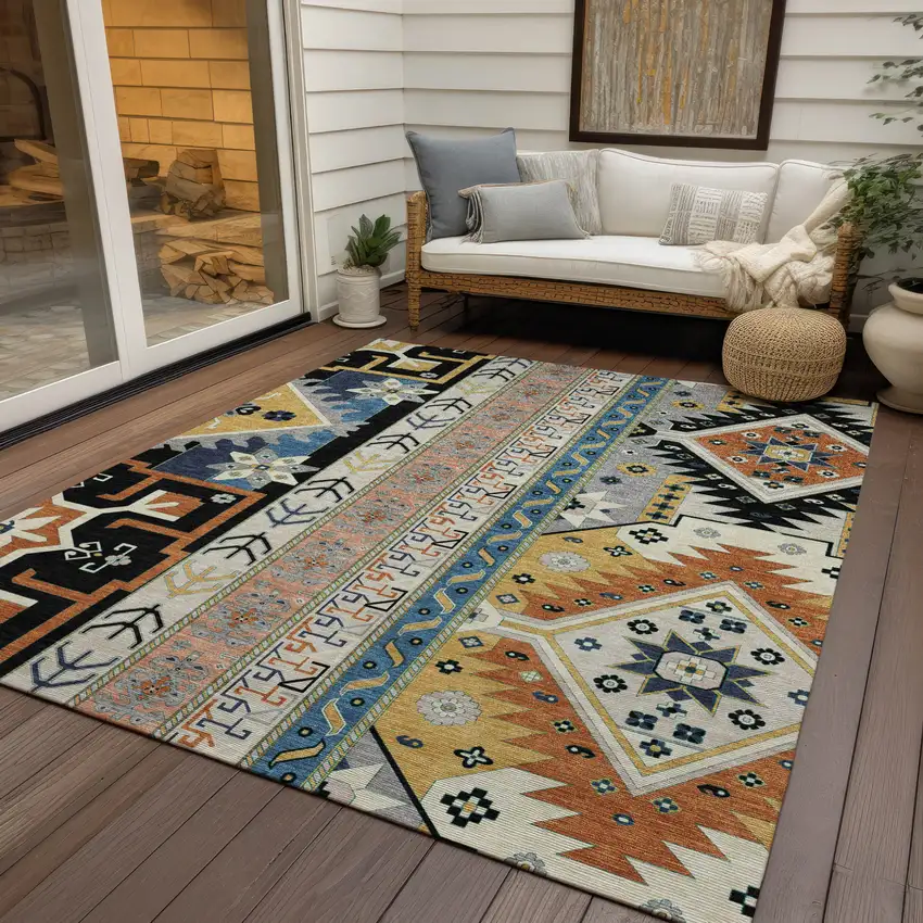 Black Ivory And Copper Aztec Washable Indoor Outdoor Area Rug Photo 8
