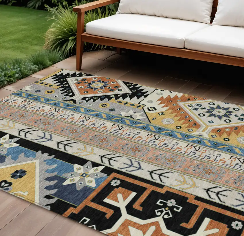 Black Ivory And Copper Aztec Washable Indoor Outdoor Area Rug Photo 1