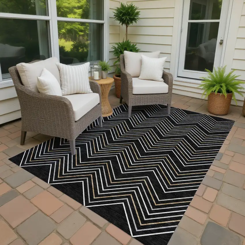 Black Ivory And Copper Geometric Washable Indoor Outdoor Area Rug Photo 4