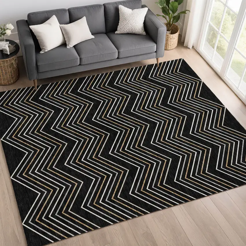 Black Ivory And Copper Geometric Washable Indoor Outdoor Area Rug Photo 5