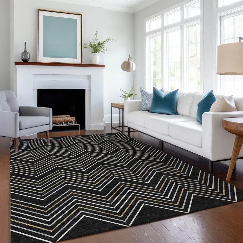 Black Ivory And Copper Geometric Washable Indoor Outdoor Area Rug Photo 6