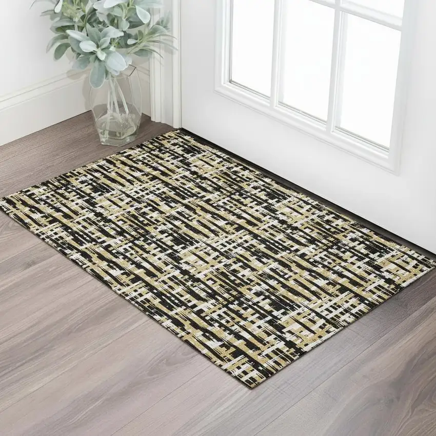 Black Ivory And Gold Abstract Geometric Washable Area Rug With UV Protection Photo 2