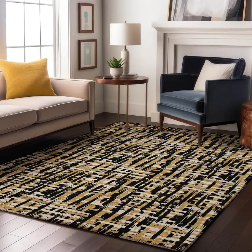 Black Ivory And Gold Abstract Geometric Washable Area Rug With UV Protection Photo 4