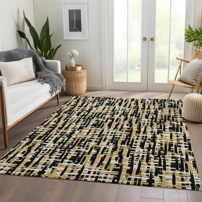 Black Ivory And Gold Abstract Geometric Washable Area Rug With UV Protection Photo 5