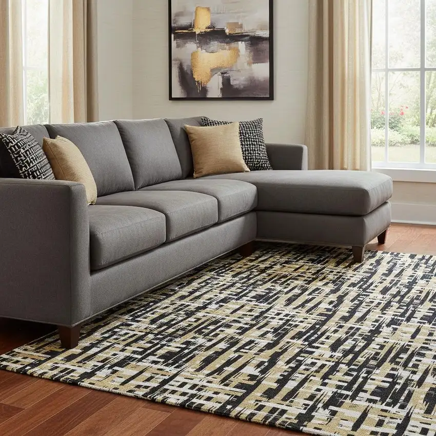 Black Ivory And Gold Abstract Geometric Washable Area Rug With UV Protection Photo 2