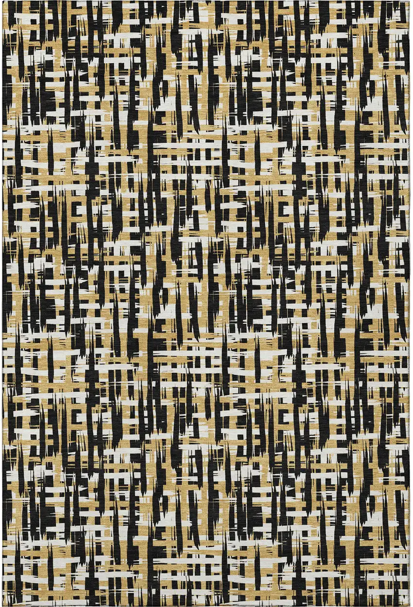 Black Ivory And Gold Abstract Geometric Washable Area Rug With UV Protection Photo 3