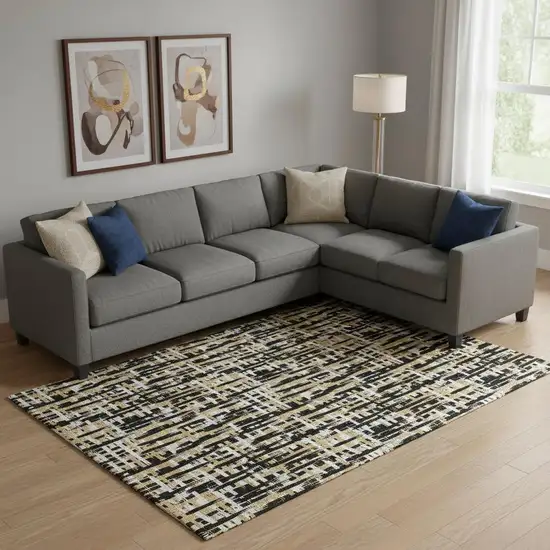 Black Ivory And Gold Abstract Geometric Washable Area Rug With UV Protection Photo 2