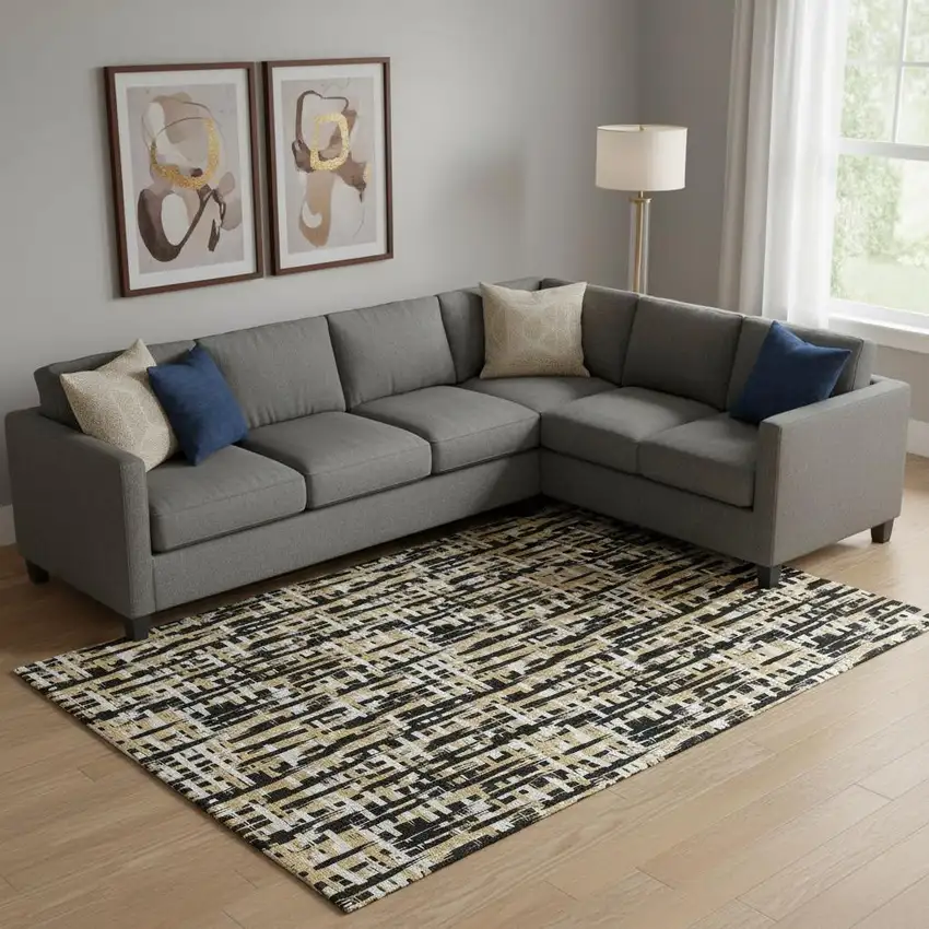 Black Ivory And Gold Abstract Geometric Washable Area Rug With UV Protection Photo 2