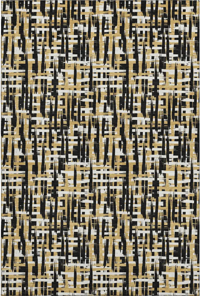 Black Ivory And Gold Abstract Geometric Washable Area Rug With UV Protection Photo 1