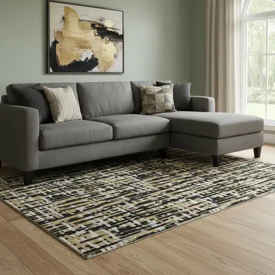 Black Ivory And Gold Abstract Geometric Washable Area Rug With UV Protection Photo 2