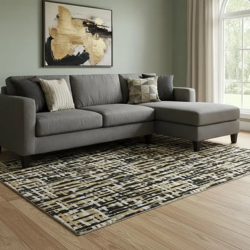 Black Ivory And Gold Abstract Geometric Washable Area Rug With UV Protection Photo 2