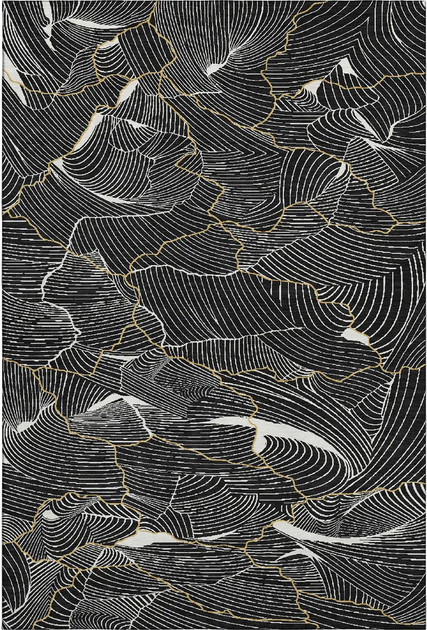 Black Ivory And Gold Abstract Washable Area Rug With UV Protection Photo 1
