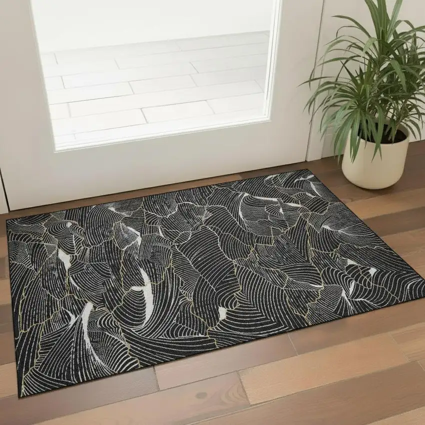 Black Ivory And Gold Abstract Washable Area Rug With UV Protection Photo 2