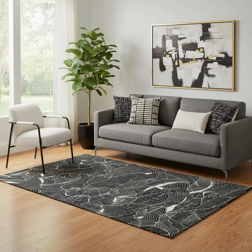 Black Ivory And Gold Abstract Washable Area Rug With UV Protection Photo 2