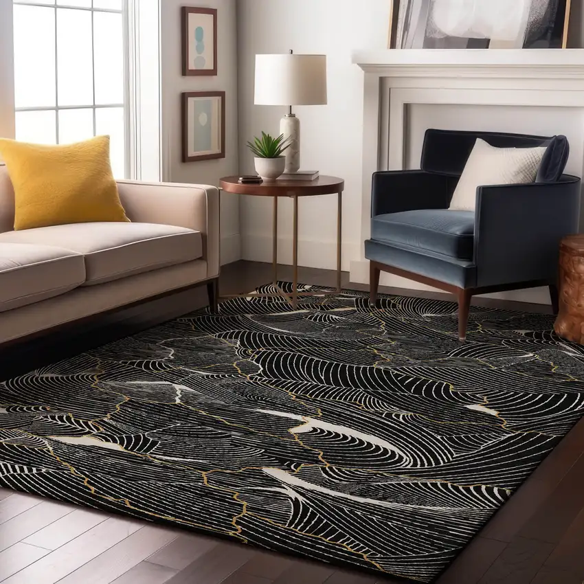 Black Ivory And Gold Abstract Washable Area Rug With UV Protection Photo 4