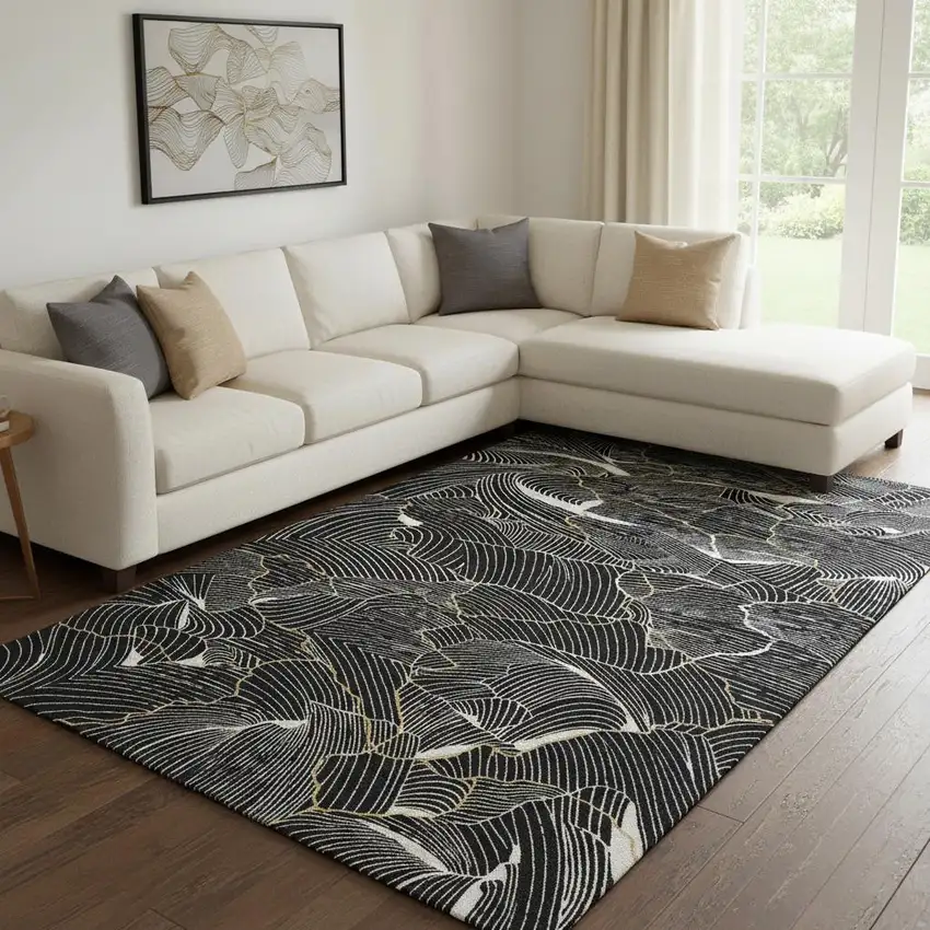 Black Ivory And Gold Abstract Washable Area Rug With UV Protection Photo 2