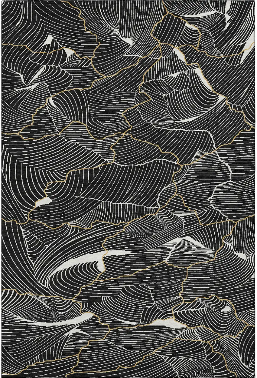 Black Ivory And Gold Abstract Washable Area Rug With UV Protection Photo 3
