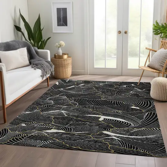 Black Ivory And Gold Abstract Washable Area Rug With UV Protection Photo 5