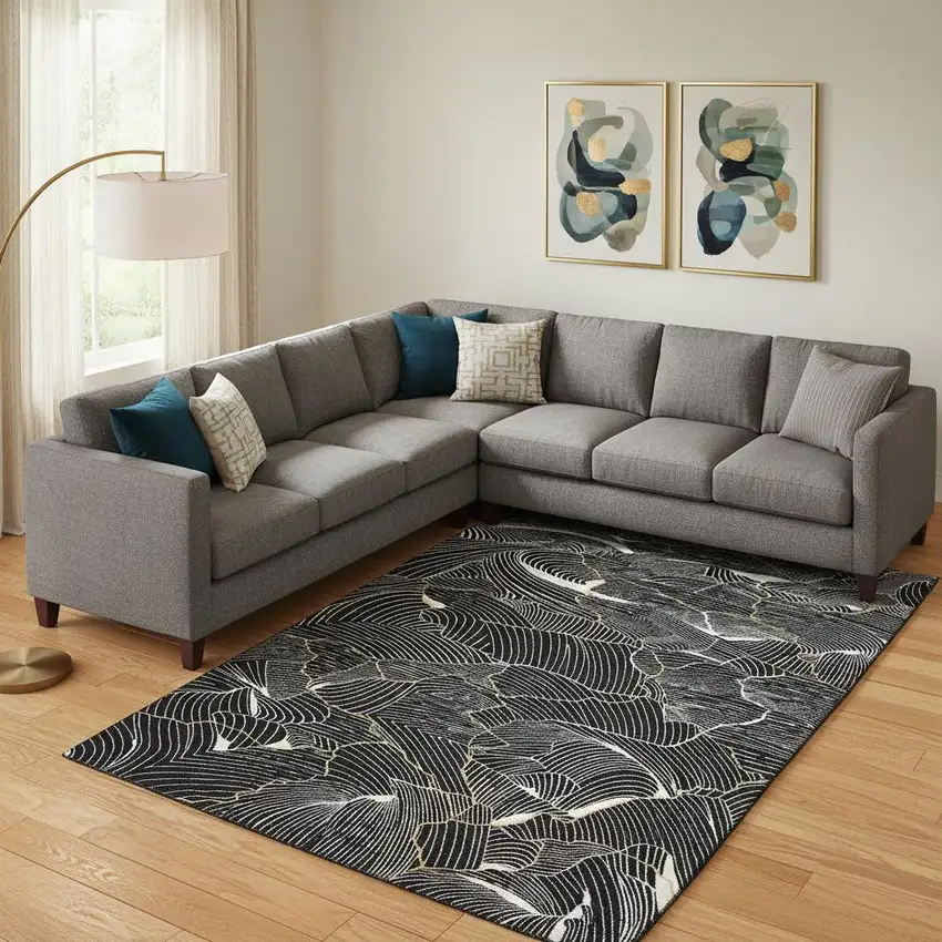 Black Ivory And Gold Abstract Washable Area Rug With UV Protection Photo 2