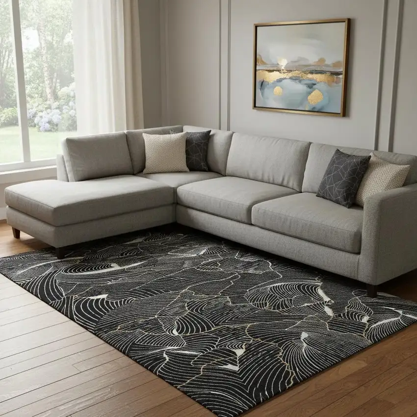 Black Ivory And Gold Abstract Washable Area Rug With UV Protection Photo 2