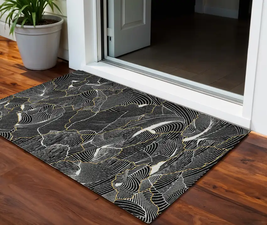 Black Ivory And Gold Abstract Washable Indoor Outdoor Area Rug Photo 1