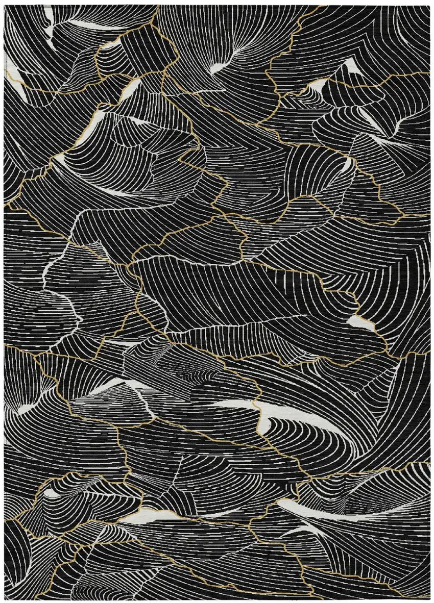Black Ivory And Gold Abstract Washable Indoor Outdoor Area Rug Photo 2