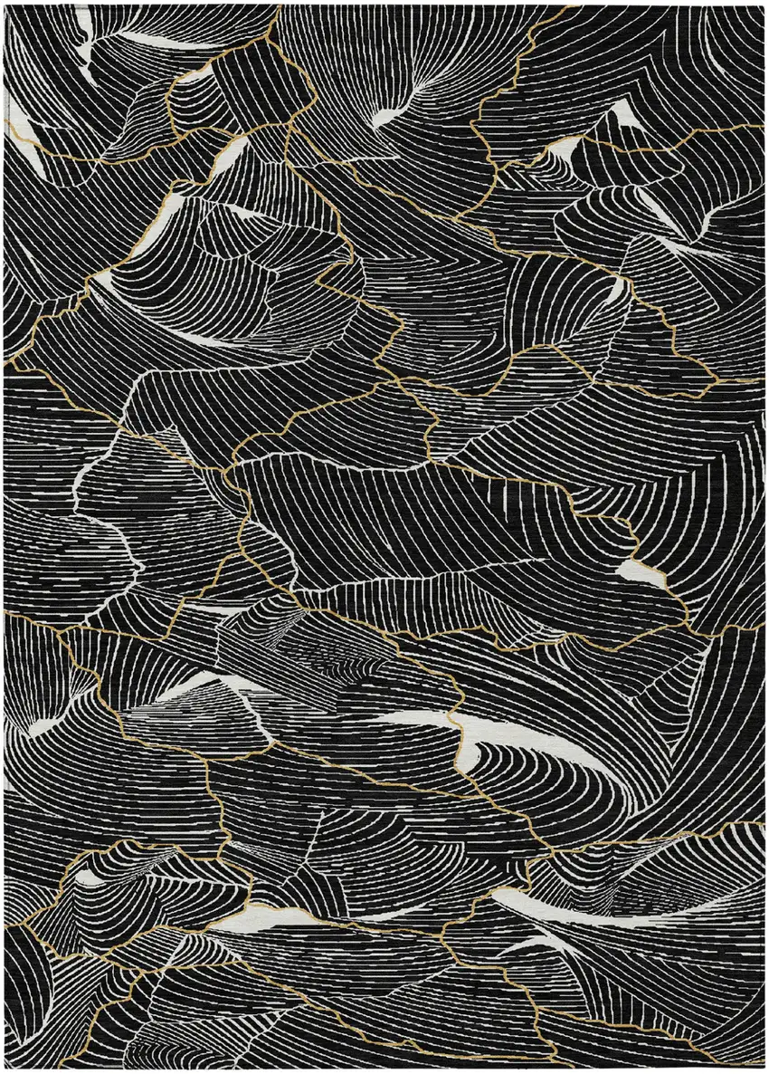 Black Ivory And Gold Abstract Washable Indoor Outdoor Area Rug Photo 2