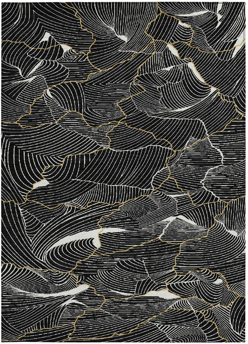 Black Ivory And Gold Abstract Washable Indoor Outdoor Area Rug Photo 6