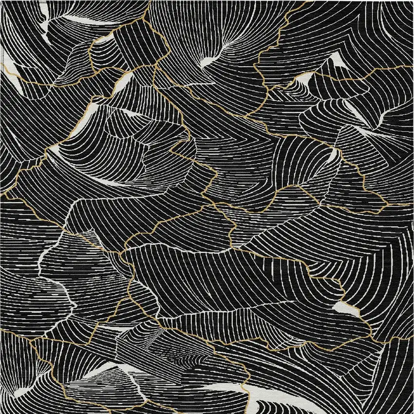 Black Ivory And Gold Abstract Washable Indoor Outdoor Area Rug Photo 6
