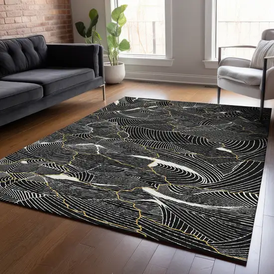 Black Ivory And Gold Abstract Washable Indoor Outdoor Area Rug Photo 9