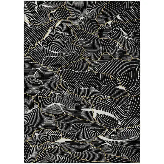 Black Ivory And Gold Abstract Washable Indoor Outdoor Area Rug Photo 2