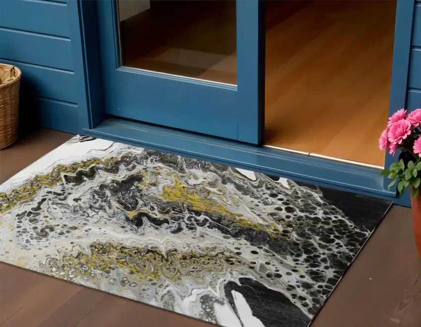 Black Ivory And Gold Abstract Washable Indoor Outdoor Area Rug Photo 1